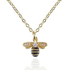Gold Plated Bumble Bee Necklace with Cubic Zirconia and Black Enamel for Women