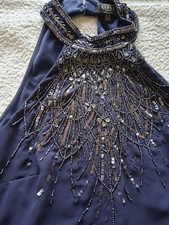Navy Blue Beaded Halter Neck Tiered Dress