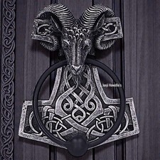 Thors Hammer Door Knocker Black Silver Thunder God Rams Head Pagan Wiccan Home
