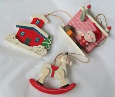 Set of 3 Vintage Wooden Decorations Santa Fireplace Rocking Horse House in Snow