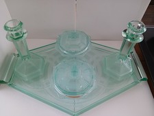 Vintage Green Glass Vanity Dressing Table Set 5 Piece