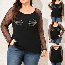 Plus Size 18-28 Women Mesh Tops Ladies Rhinestone Skull Gothic Punk T Shirt