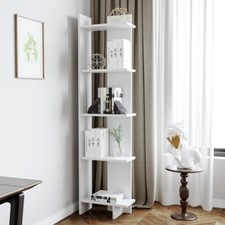 Tall 5 Tier Rustic Bookcase Slim White Bookshelf Storage Unit Display Shelf Rack