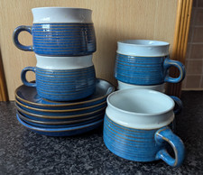 Denby ~ Chatsworth ~ Cups & Saucers x 5 ~ blue & white ~ Stoneware ~ 1976-82