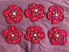6 Vintage Large Hand-crafted RED Fabric FLOWER Sequin Beaded Embellishments