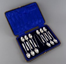 Antique Cased Set 12 Silver Plated Tea Spoons and Sugar Tongs