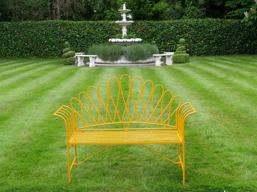 Yellow metal garden bench - garden,