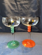 2 Art Deco French Cocktail Glasses, Green & Orange Sprayed, Enamel Cockerel.