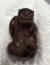 Monkey Holding Feet holding Fish or Scorpion on Back Signed Wood Netsuke, Rare