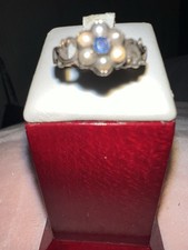 Early  Gold ,Georgian Mourning Ring Set With Cornflower Sapphire And Seed Pearls