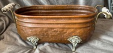 Large Vintage Copper & Brass Planter With White & Navy Floral Ceramic Handles 