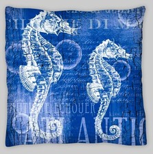 Seahorse Cushion Cover 18x18 Navy Blue  Zip Nautical Maritime yacht beach