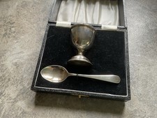 Hallmarked Blue Solid Silver Egg Cup with Spoon and Display Case Vintage C1960