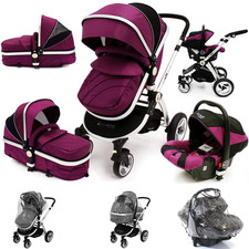 iSafe 3 in 1 Pram System (Plum) + Carseat + Footmuff + Rain cover + Nappy bag