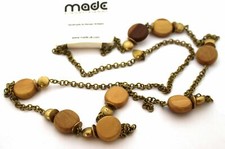 MADE Chunky NECKLACE Handmade Kenyan Natural WOOD Disc 50" RECLAIMED BRASS Chain