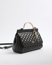 River Island Womens Tote Bag Black Quilted Metal Handle Raised Cording Style