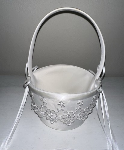 White flower girl basket satin - basket,