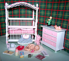DOLLS HOUSE, NURSERY SET, FURNITURE, 12TH, BABY, COT, ACCESSORIES, PINK