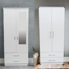 White Double Wardrobe 2 Door with 2 Drawers and Mirror Fully Assembled