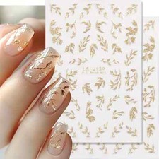 2pcs Golden Glitter Leaf Design Nail Stickers, Self-Adhesive Willow Leaf Pattern