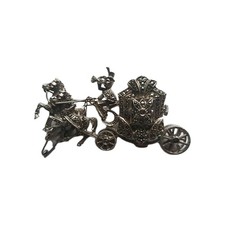 VINTAGE SILVER HORSE & CARRIAGE BROOCH WITH HIDDEN SECRET CLOCK MARCASITE 26g Gr