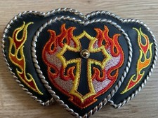 Belt Buckle Vintage Western Embroidered Hearts Cross Flame Trophy Design 38mm