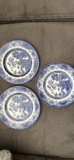 English Ironstone Old Willow Pattern Blue White Plates X3. Vintage Tableware