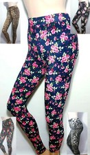 Womens Floral Velvet Leggings Full Length High Waist Plush Velour Ribbed Pants