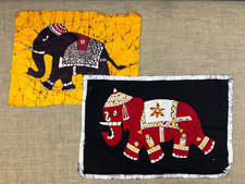 2 X HANDMADE BATIK PRINTED DYED INDIAN ELEPHANT TEXTILE FABRIC PIECES WALL ART