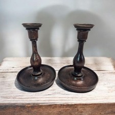Pair Antique Wooden Baluster Candlesticks With Metal Sconce