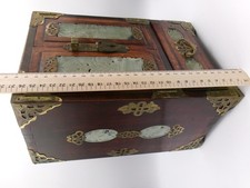 Vintage Chinese Wood Jewellery Box Brass Jade Inlay Silk Lined Drawers