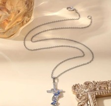 Silver Cross,  With Blue Butterfly Pendant Necklace