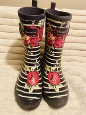 Ladies / Teens Wellies - Blue & White With Pink Flowers 