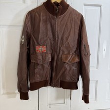 Masterpelle Italian Leather Bomber Jacket L Brown Vintage Union Jack Patch