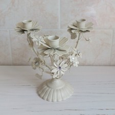 Cast Iron Three Arm Floral Candle Holder Candelabra Cream Table Centrepiece