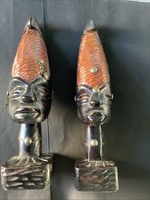 Vintage One Piece Wood Carved African Head Male And Female