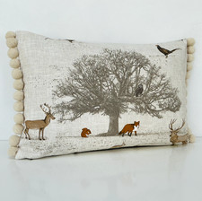 Stag Deer Fox Pheasant Tatton Oak Tree Country Scene Cushion Cover Pom Pom Trim