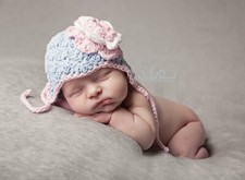 Hand Crochet Baby Girl Hat Photo Prop Cotton Flower Blue Pink Early Newborn-12M 