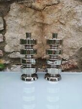 Vintage Pair Modernist Metal Chrome Pillar Candlesticks 70's