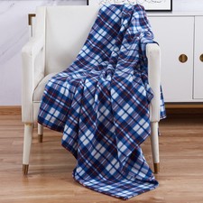 Blue Check Fleece Blanket Warm Single Double King Tartan Sofa Throw Bed 