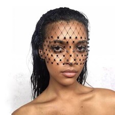 Gothic Black & Rainbow Birdcage Veil Headband Face Mask with Crystals Gothic