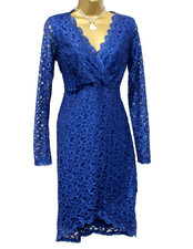Lipsy Blue Lace Long Sleeve Bodycon Dress 12 Midi Occasion Wedding Xmas Metallic