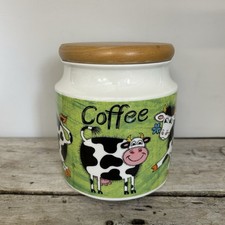 Dunoon Jane Brookshaw Funky Farm Cows Coffee Storage Jar Wooden Lid Cannister