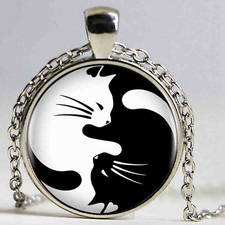 Yin & Yang Black & White Cats Pendant Necklace - UK Stock