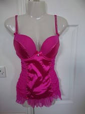 VTG HOT PINK RUCHED CAMI SUSPENDER CORSET DRESS DIAMANTE TRIM 36C PLZ READ