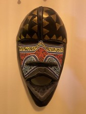 Large Wall Hang Vintage Tribal Hand Carved Dark Wood Mask Brass and Bead Decor