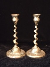 Vintage Twin Bronze Barley Twist Candlesticks Pair Candle Holders Mid Century