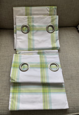 NEXT White Teal Limey Green Check Lined Eyelet Cotton Rich Curtains W53" x 54" D