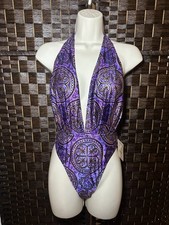 NWT Vintage 90s Gideon Oberson Purple Metallic Plunge Swimsuit Neiman Marcus 8