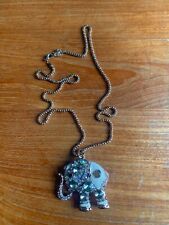 Unique Gold Tone White Enamel Rhinestone Crystal Elephant Pendant & Chain